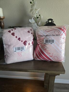 Victoria's Secret Set Of 2 Pink Plush Throw Blanket Duo with Heart & Stripes